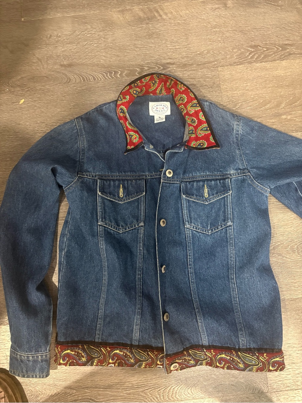 Blue Denim Jacket with Red Paisley Trim